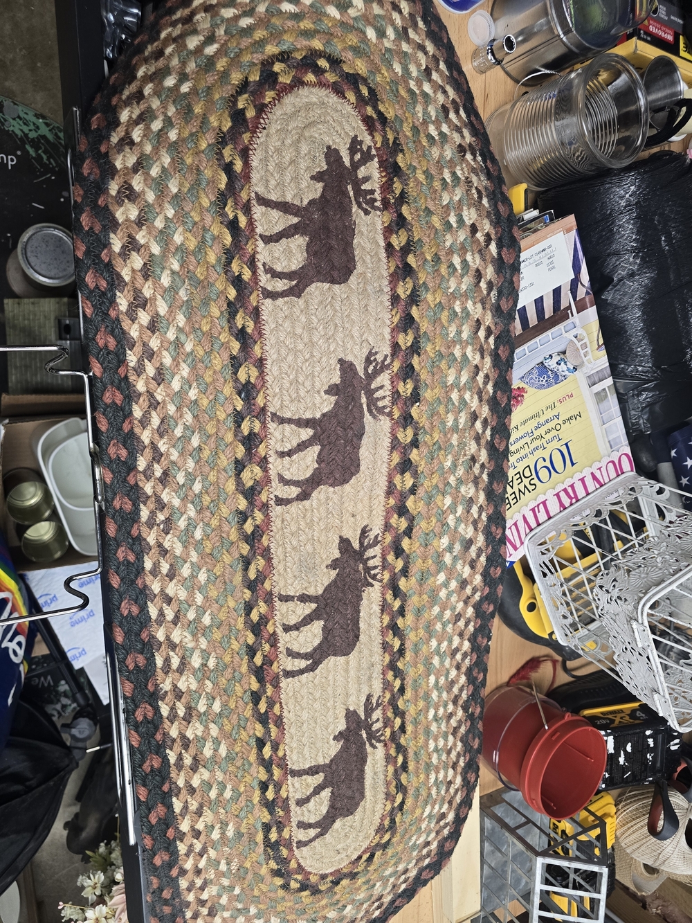 Mini Braided Oval Rug with Moose Motif - Multi Brown & Tan